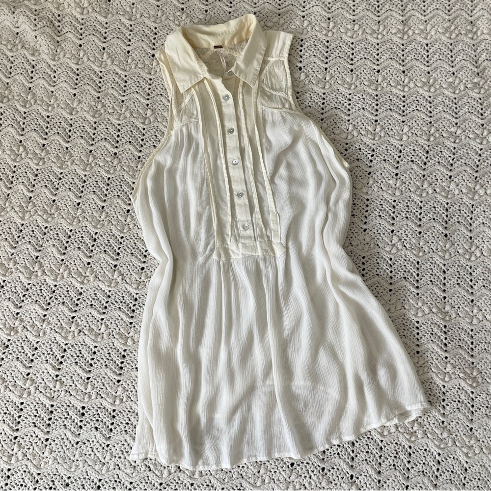 Free People Gauze Sleeveless Lace Tunic Top Cream (Medium)